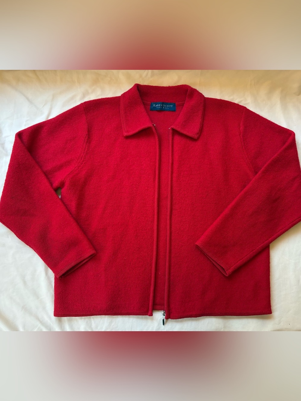 Karen Scott Red Zip-Up 100% Wool Cardigan